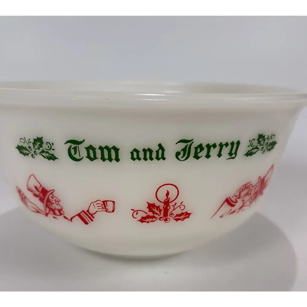 VTG Tom and Jerry Milk Glass Punch Bowl Set 5 Cups Hazel Atlas Christmas Cheers